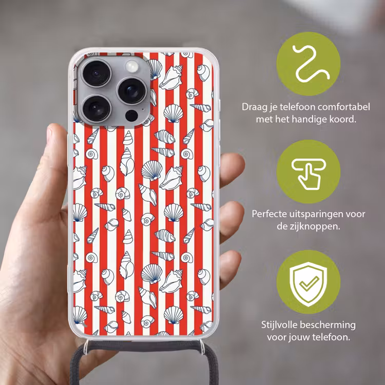 Schelp - Zeedieren - Zomer - Illustratie - Rood - Blauw Hoesje iPhone 16 Pro Max met koord klein -sfeer2_NL