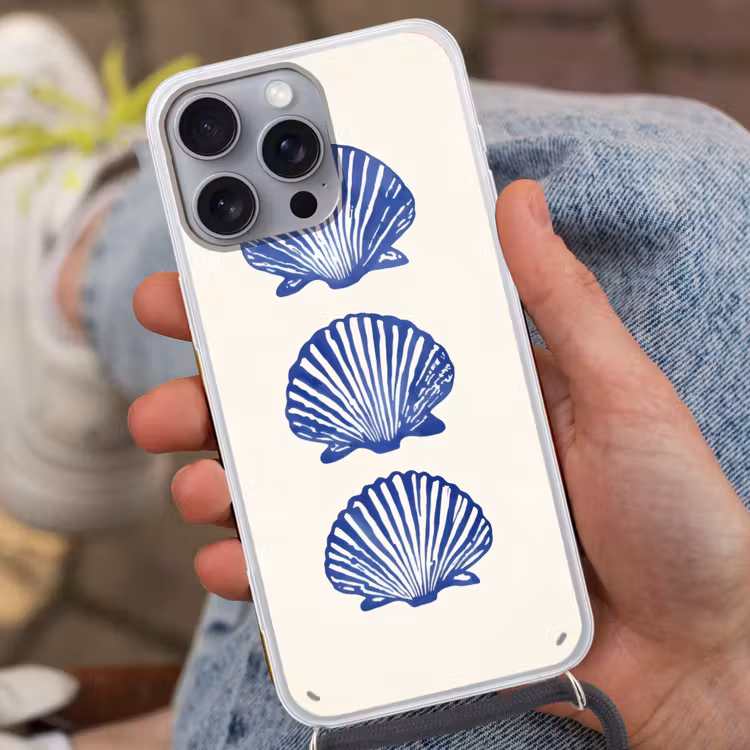 Schelpen - Blauw - Patroon Hoesje iPhone 16 Pro Max met koord klein -sfeer3