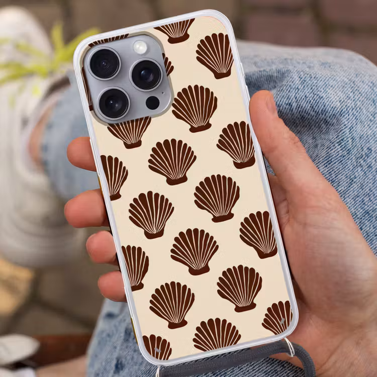 Schelpen - Bruin - Patroon Hoesje iPhone 16 Pro Max met koord klein -sfeer3
