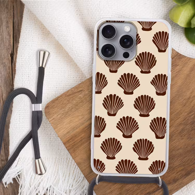 Schelpen - Bruin - Patroon Hoesje iPhone 16 Pro Max met koord klein -sfeer4