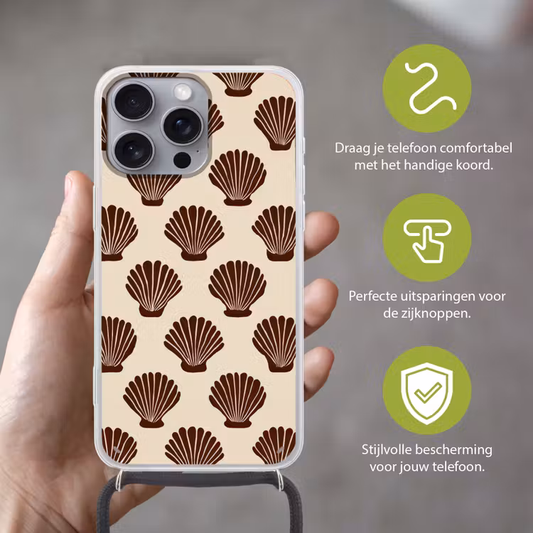 Schelpen - Bruin - Patroon Hoesje iPhone 16 Pro Max met koord klein -sfeer2_NL