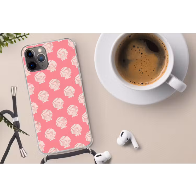 Schelpen - Patroon - Roze - Wit - Strand Hoesje iPhone 12 Pro met koord klein -oordop