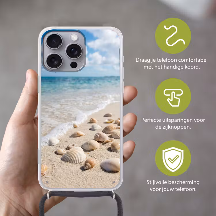 Schelpen - Strand - Natuur - Beige Hoesje iPhone 16 Pro Max met koord klein -sfeer2_NL