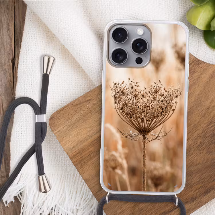 Schermbloem - Droogbloem - Winter - Beige - Minimalistisch Hoesje iPhone 16 Pro Max met koord klein -sfeer4