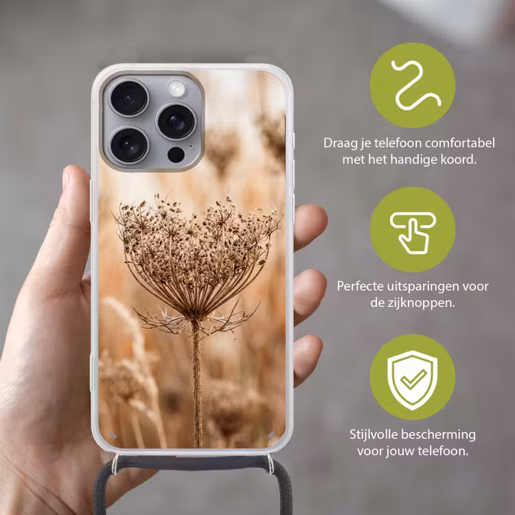 Schermbloem - Droogbloem - Winter - Beige - Minimalistisch Hoesje iPhone 16 Pro Max met koord klein -sfeer2_NL