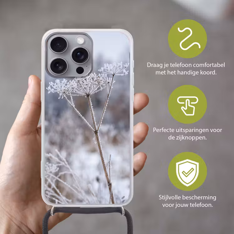 Schermbloem - Rijp - Kristallen - Winter - Delicaat Hoesje iPhone 16 Pro Max met koord klein -sfeer2_NL
