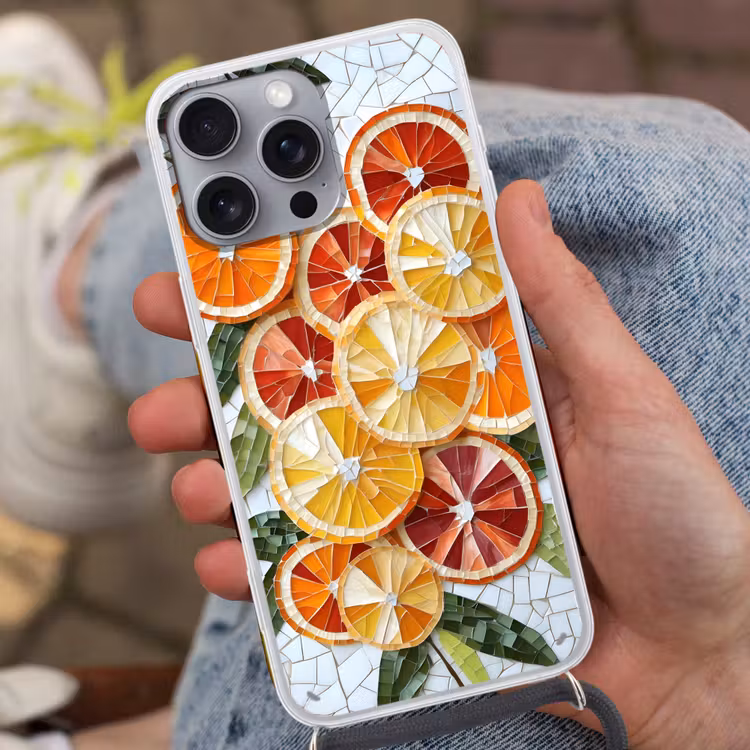 Schijfjes - Fruit - Oranje - Mozaïek Hoesje iPhone 16 Pro Max met koord klein -sfeer3
