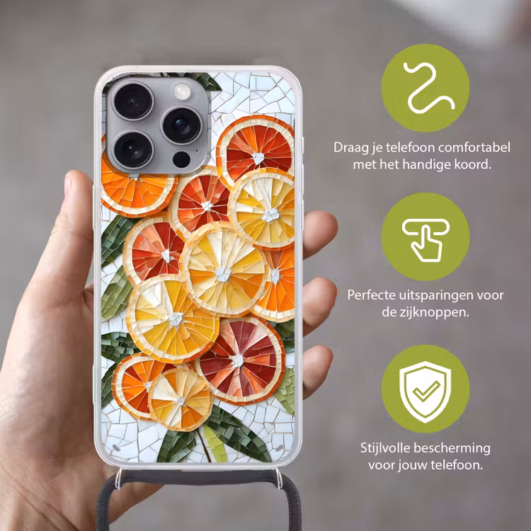 Schijfjes - Fruit - Oranje - Mozaïek Hoesje iPhone 16 Pro Max met koord klein -sfeer2_NL
