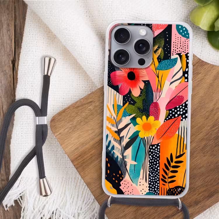 Schilderij - Abstract - Bloemen - Roze Hoesje iPhone 16 Pro Max met koord klein -sfeer4