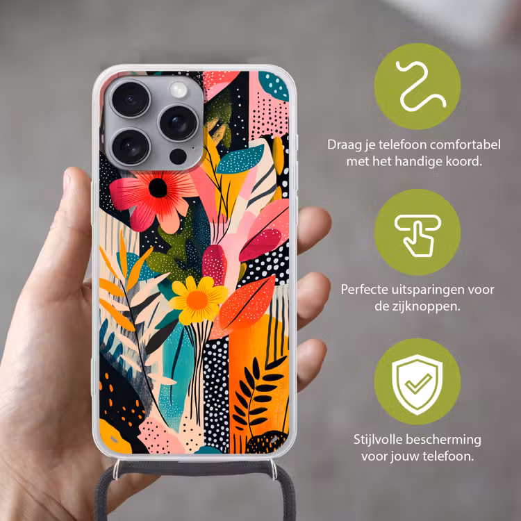 Schilderij - Abstract - Bloemen - Roze Hoesje iPhone 16 Pro Max met koord klein -sfeer2_NL