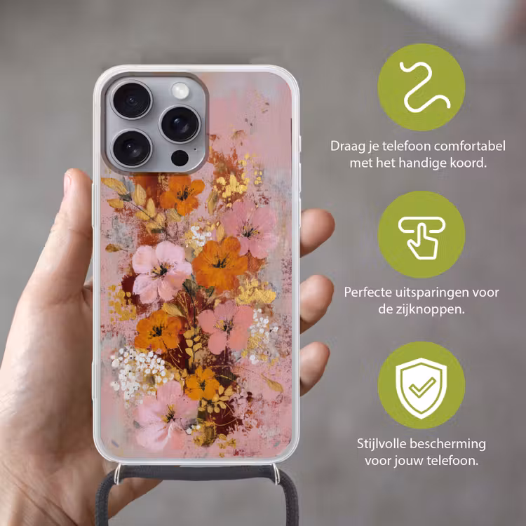 Schilderij - Bloemen - Rustiek - Roze Hoesje iPhone 16 Pro Max met koord klein -sfeer2_NL
