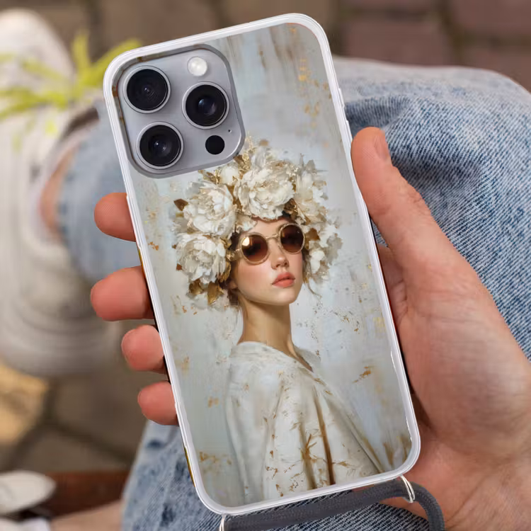 Schilderij - Vrouw - Zonnebril - Bloemenkrans Hoesje iPhone 16 Pro Max met koord klein -sfeer3