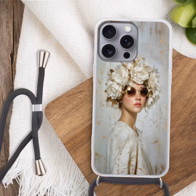 Schilderij - Vrouw - Zonnebril - Bloemenkrans Hoesje iPhone 16 Pro Max met koord klein -sfeer4