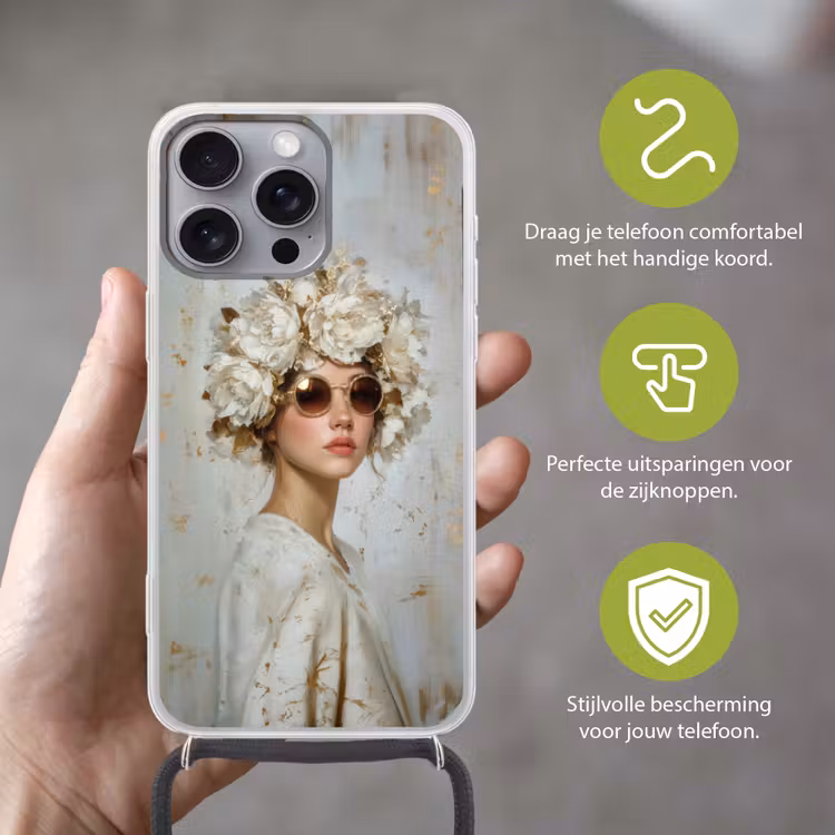 Schilderij - Vrouw - Zonnebril - Bloemenkrans Hoesje iPhone 16 Pro Max met koord klein -sfeer2_NL