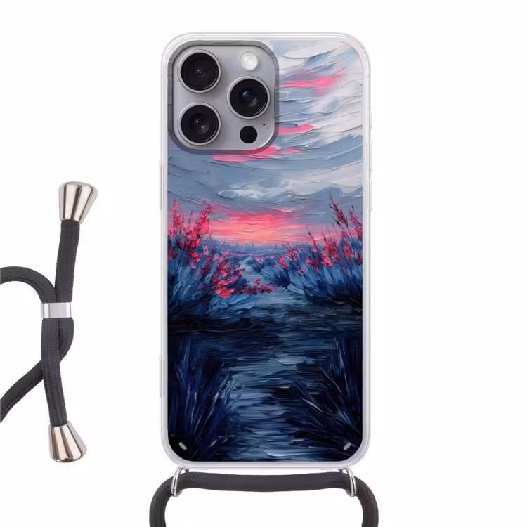 Schilderij - Zonsondergang - Bloemen - Rivier Hoesje iPhone 16 Pro Max met koord klein -3d