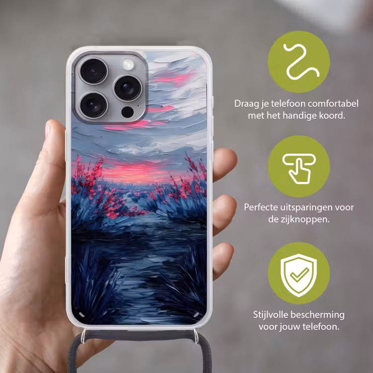 Schilderij - Zonsondergang - Bloemen - Rivier Hoesje iPhone 16 Pro Max met koord klein -sfeer2_NL