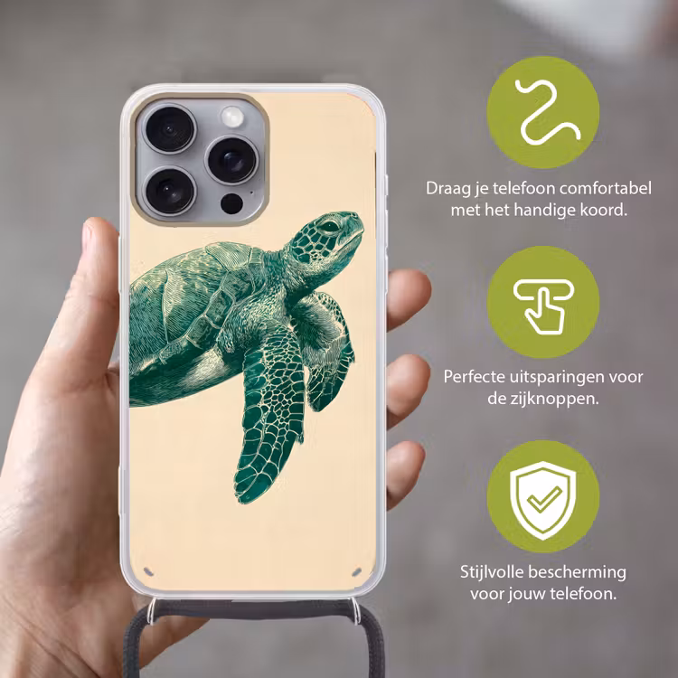Schildpad - Sierlijk - Groen - Schild Hoesje iPhone 16 Pro Max met koord klein -sfeer2_NL