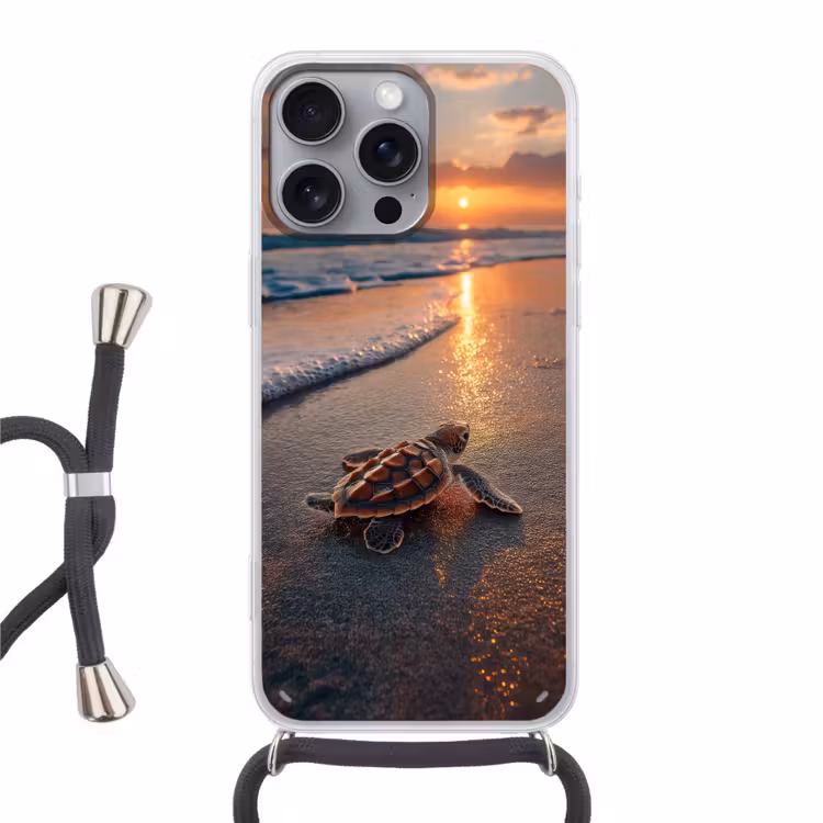 Schildpad - strand - Zonsondergang Hoesje iPhone 16 Pro Max met koord klein -3d
