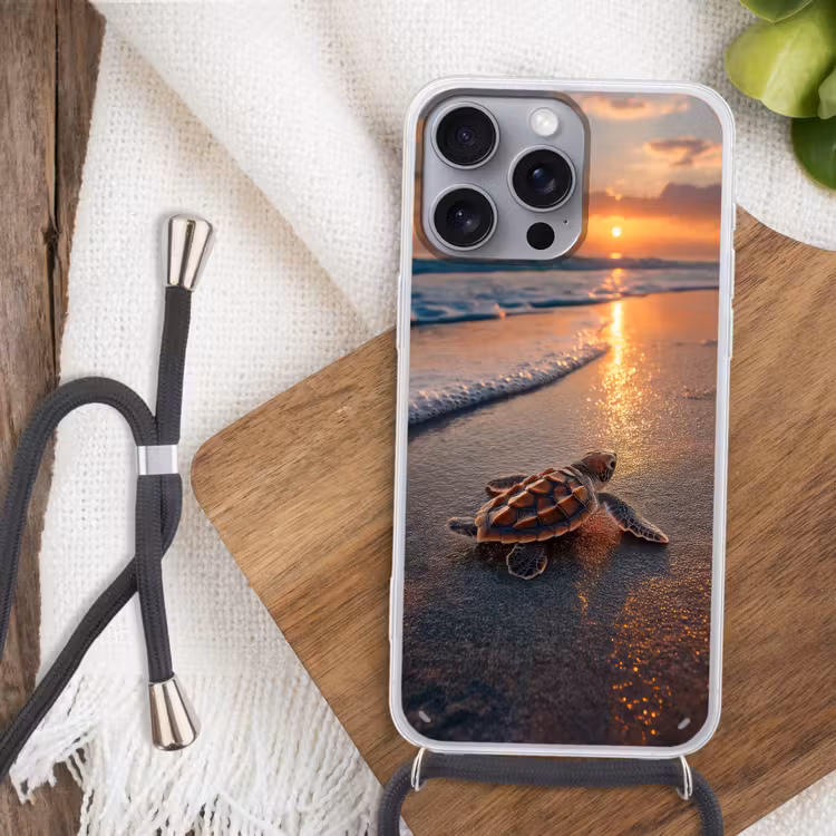Schildpad - strand - Zonsondergang Hoesje iPhone 16 Pro Max met koord klein -sfeer4