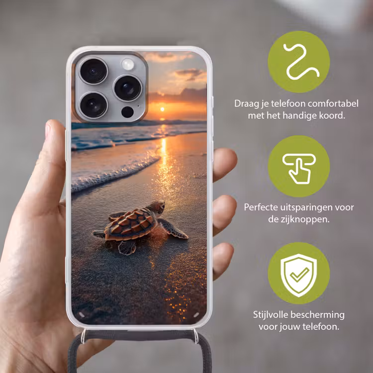 Schildpad - strand - Zonsondergang Hoesje iPhone 16 Pro Max met koord klein -sfeer2_NL