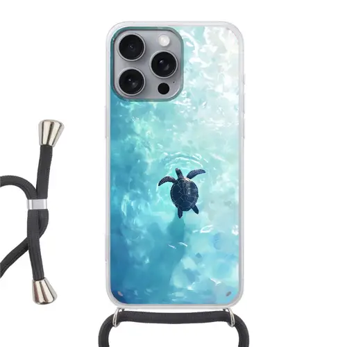 Schildpad - Zee - Blauw - Schittering Hoesje iPhone 16 Pro Max met koord klein -3d