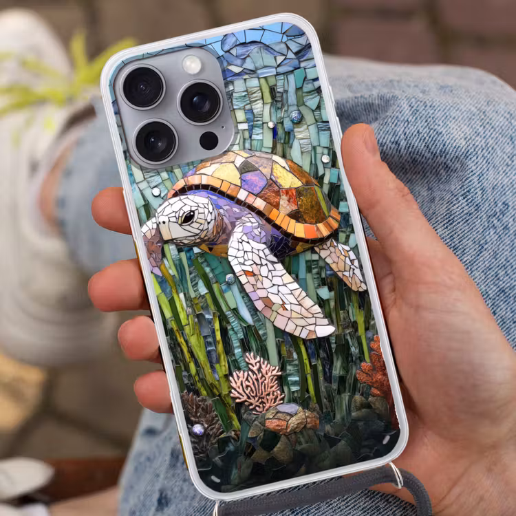 Schildpad - Zeewier - Mozaïek Hoesje iPhone 16 Pro Max met koord klein -sfeer3
