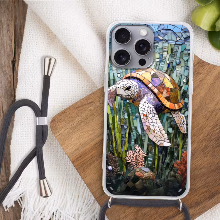 Schildpad - Zeewier - Mozaïek Hoesje iPhone 16 Pro Max met koord klein -sfeer4