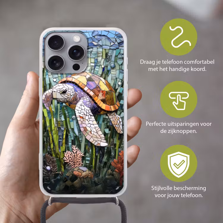 Schildpad - Zeewier - Mozaïek Hoesje iPhone 16 Pro Max met koord klein -sfeer2_NL