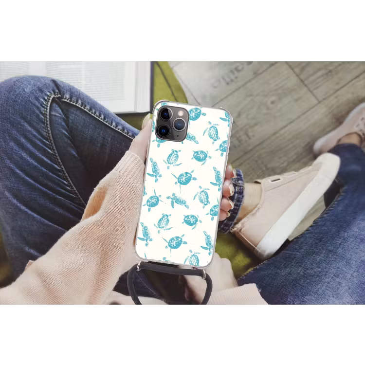 Schildpadden - Patroon - Wit - Blauw Hoesje iPhone 12 Pro met koord klein -hand