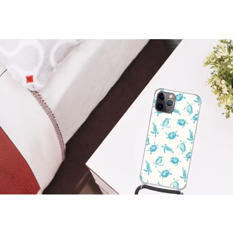 Schildpadden - Patroon - Wit - Blauw Hoesje iPhone 12 Pro met koord klein -kamer