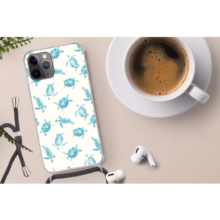 Schildpadden - Patroon - Wit - Blauw Hoesje iPhone 12 Pro met koord klein -oordop
