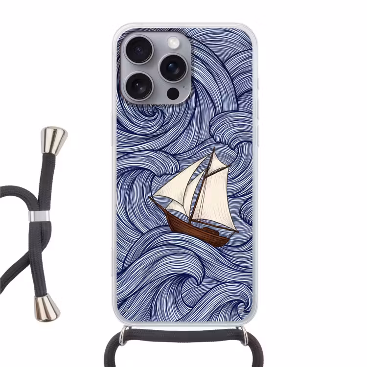 Schip - Golven - Zee - Illustratie - Blauw Hoesje iPhone 16 Pro Max met koord klein -3d