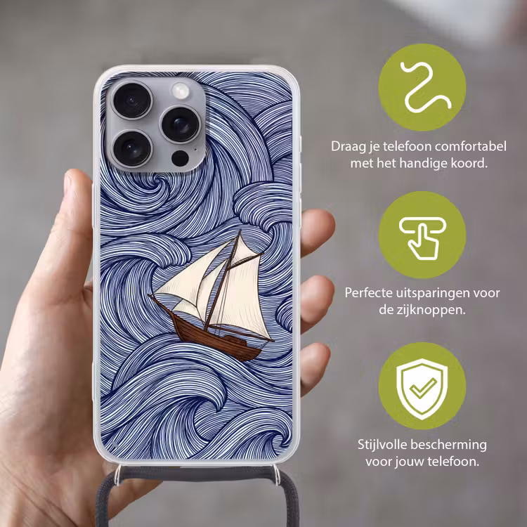 Schip - Golven - Zee - Illustratie - Blauw Hoesje iPhone 16 Pro Max met koord klein -sfeer2_NL