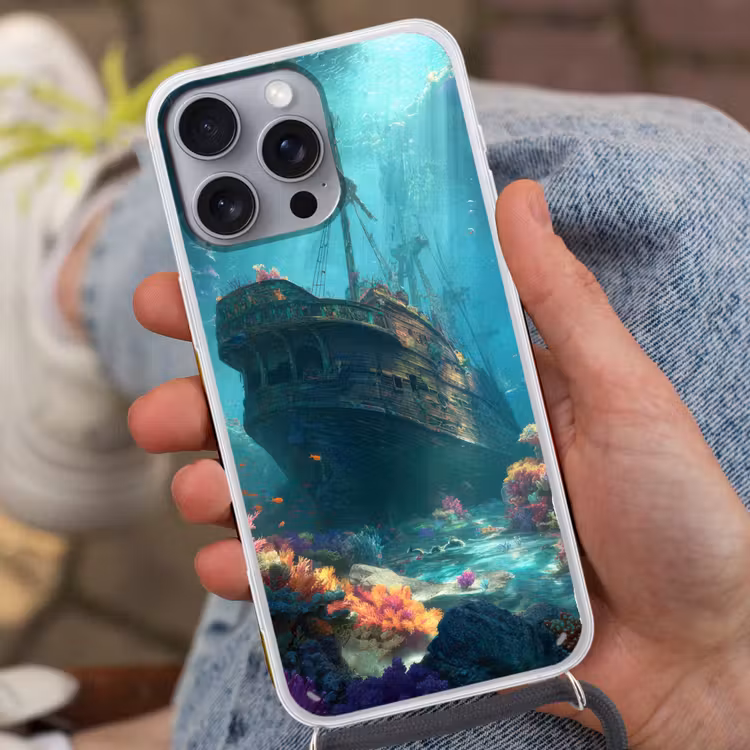 Schip - Hout - Koraalriffen - Zonlicht Hoesje iPhone 16 Pro Max met koord klein -sfeer3