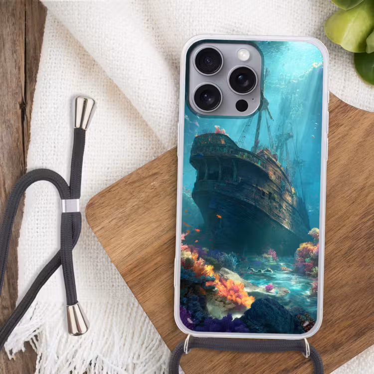 Schip - Hout - Koraalriffen - Zonlicht Hoesje iPhone 16 Pro Max met koord klein -sfeer4