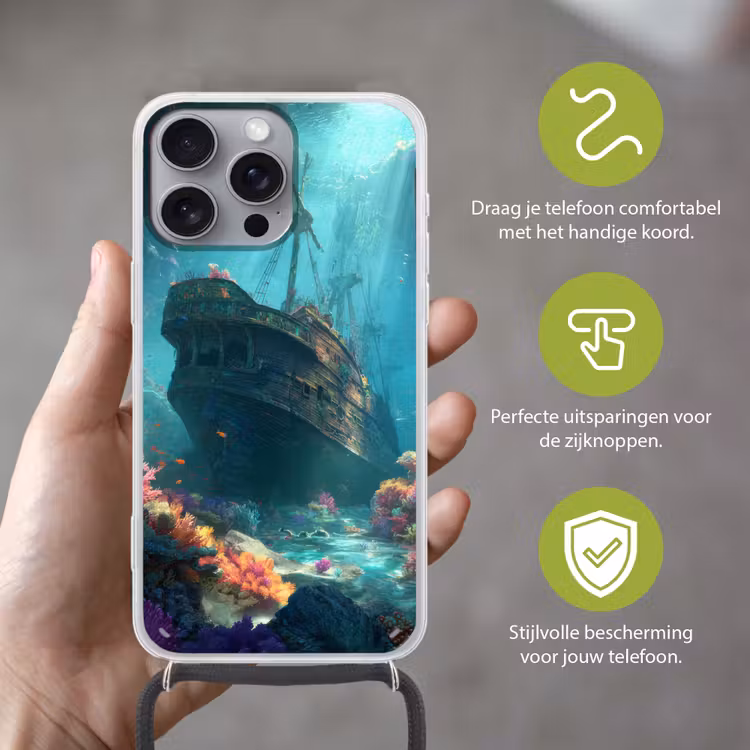 Schip - Hout - Koraalriffen - Zonlicht Hoesje iPhone 16 Pro Max met koord klein -sfeer2_NL