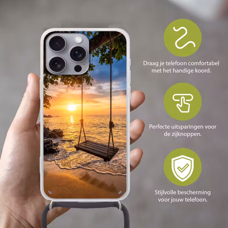 Schommel - Strand - Zonsondergang - Natuur - Oranje Hoesje iPhone 16 Pro Max met koord klein -sfeer2_NL