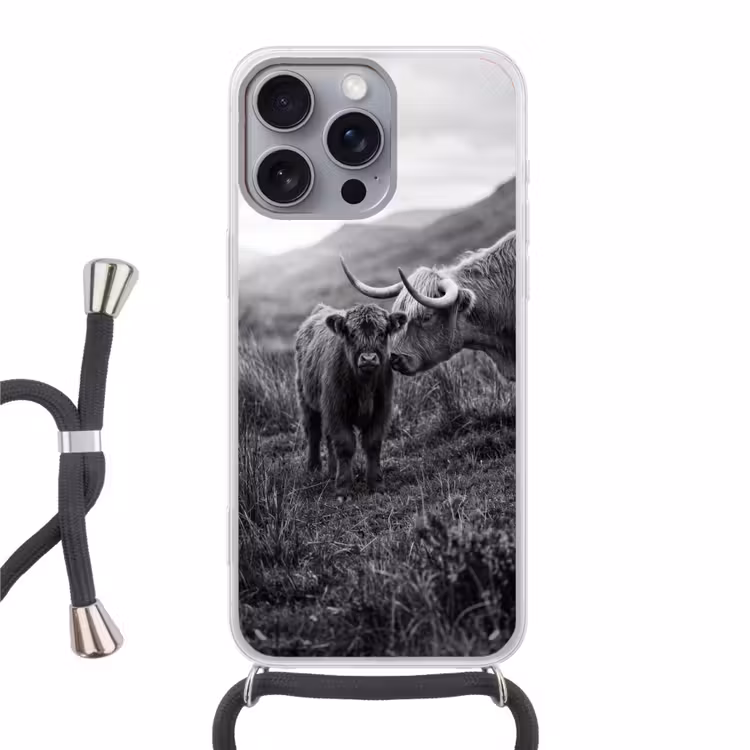 Schotse hooglander - Kalf - Zwart - Wit Hoesje iPhone 16 Pro Max met koord klein -3d