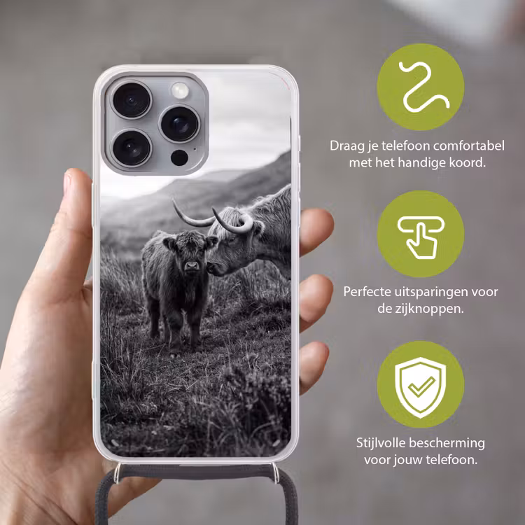 Schotse hooglander - Kalf - Zwart - Wit Hoesje iPhone 16 Pro Max met koord klein -sfeer2_NL