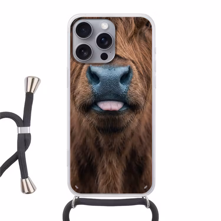 Schotse hooglander - Neus - Bruin Hoesje iPhone 16 Pro Max met koord klein -3d