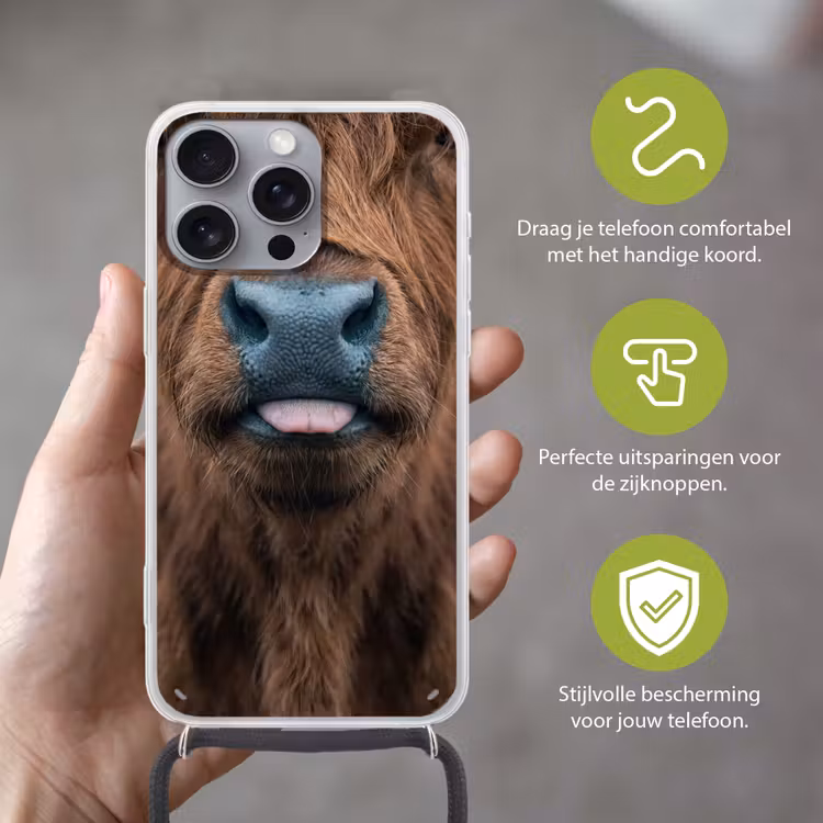 Schotse hooglander - Neus - Bruin Hoesje iPhone 16 Pro Max met koord klein -sfeer2_NL