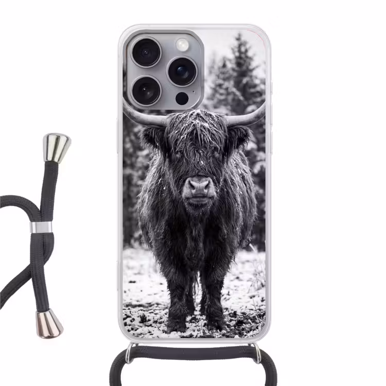 Schotse hooglander - Zwart - Wit - Sneeuwvlokken Hoesje iPhone 16 Pro Max met koord klein -3d