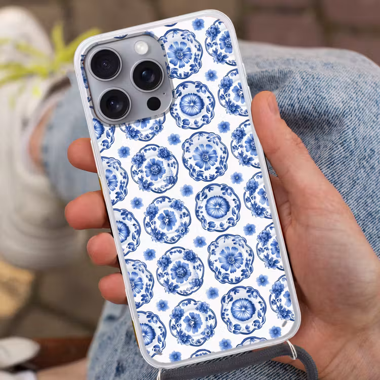 Sierborden - Bloemen - Blauw Hoesje iPhone 16 Pro Max met koord klein 804 -sfeer3