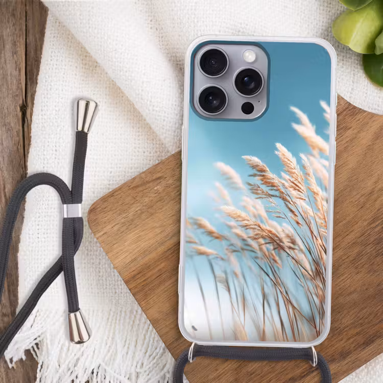 Siergras - Wind - Lichtbruin Hoesje iPhone 16 Pro Max met koord klein -sfeer4