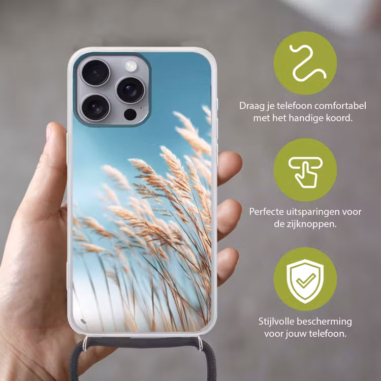 Siergras - Wind - Lichtbruin Hoesje iPhone 16 Pro Max met koord klein -sfeer2_NL