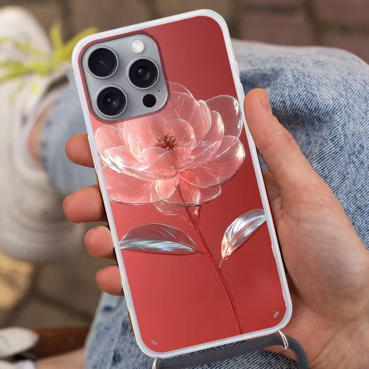 Sierlijk - Bloem - Roze - Glazen Hoesje iPhone 16 Pro Max met koord klein -sfeer3
