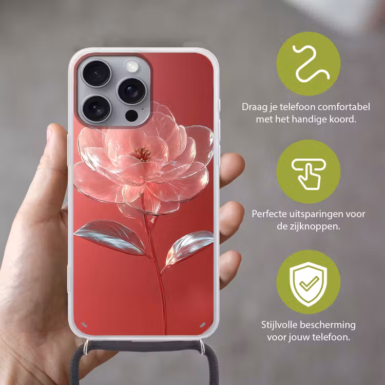 Sierlijk - Bloem - Roze - Glazen Hoesje iPhone 16 Pro Max met koord klein -sfeer2_NL