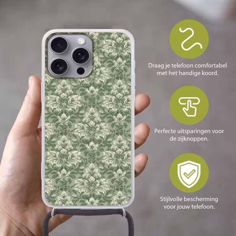 Sierlijk - Lichtgroen - Planten - Patroon - Getailleerd Hoesje iPhone 16 Pro Max met koord klein 804 -sfeer2_NL