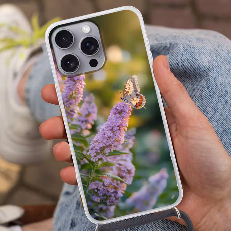 Sierlijke - Vlinder - Paarse - Bloemen Hoesje iPhone 16 Pro Max met koord klein -sfeer3