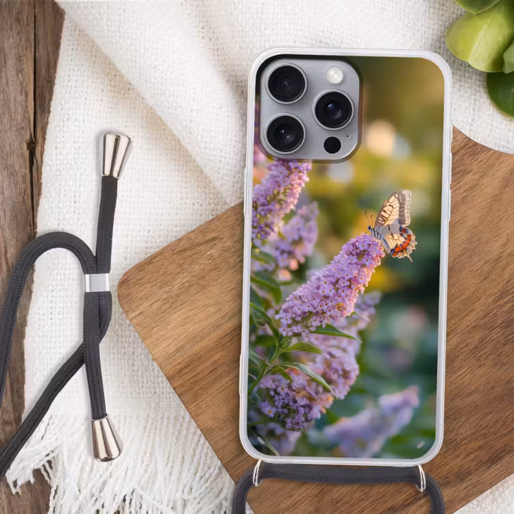 Sierlijke - Vlinder - Paarse - Bloemen Hoesje iPhone 16 Pro Max met koord klein -sfeer4
